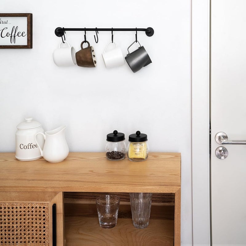 Mkono Mug Holder Wall Mounted Coffee Cup Rack Hanger Modern Metal with 5 Mug Hooks Rustic Utensil Tea Cups Storage Organizer for Kitchen Dining Room Coffee Bar,Black - Image 2